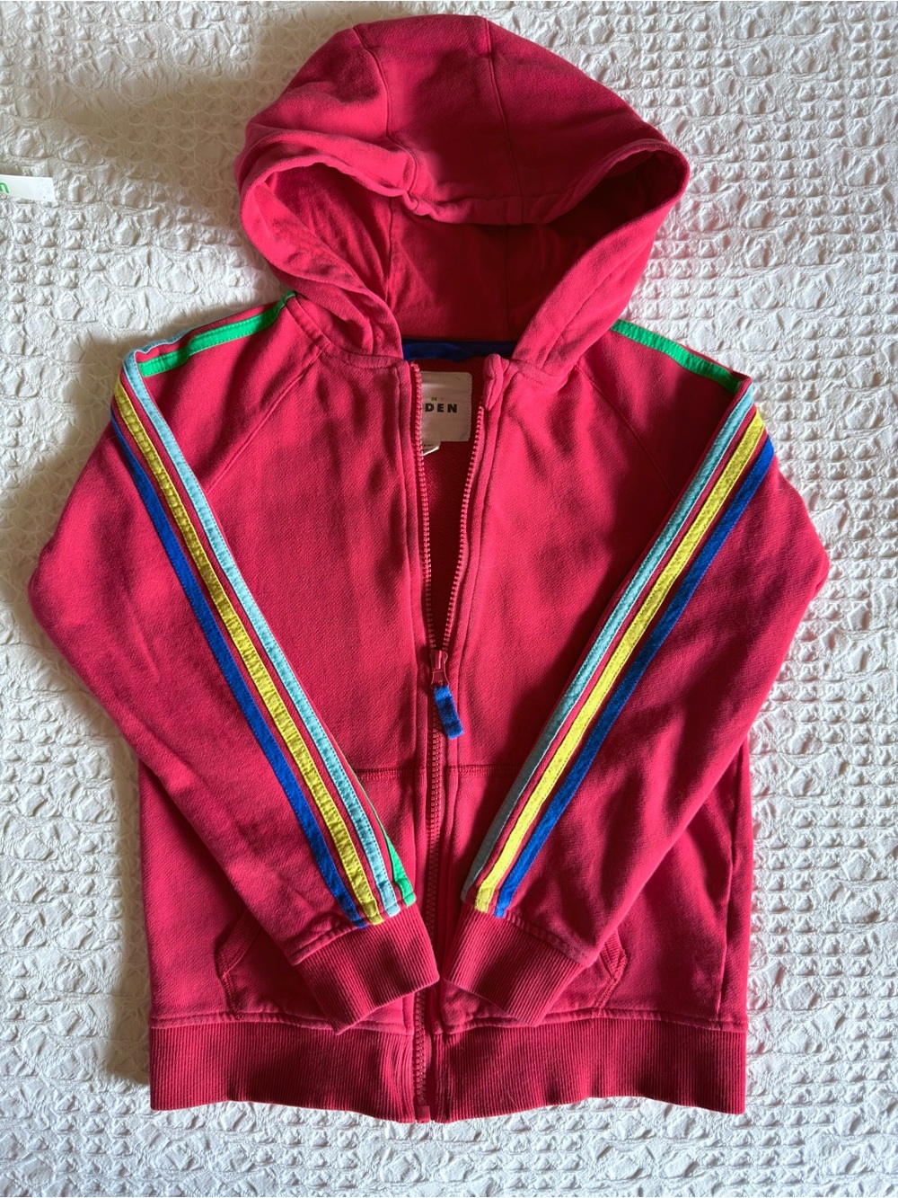 Mini Boden Boys Zip Hoodie Sweatshirt Red with Rainbow Stripes Cotton 9-10Y